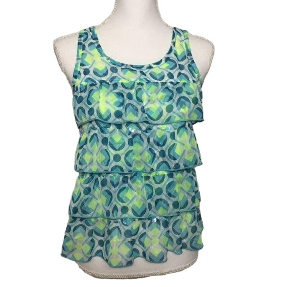 Justice Girls 16 Sleeveless Tiered Blouse Blue Lime Shimmer Ruffle Top Used - Picture 3 of 16